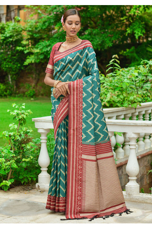 Rama Green Zari Woven Handloom Raw Silk Saree