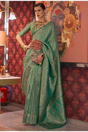 Rama Green Zari Woven Handloom Silk Saree