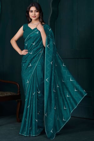 Rama Green Zarkan Embellished Crepe Silk Saree