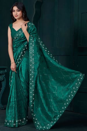 Rama Green Zarkan Embellished Crepe Silk Saree