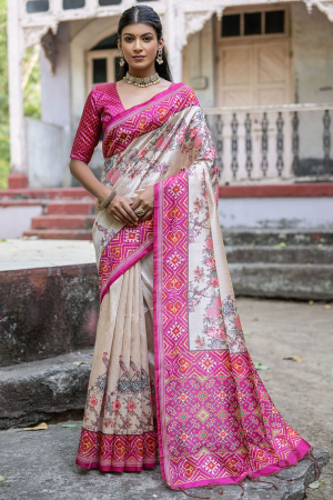 Rani Pink and Beige Soft Tussar Silk Saree