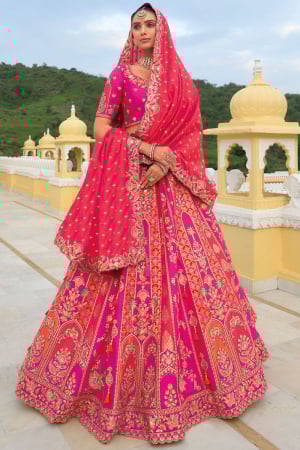 Rani Pink and Orange Khatli Work Silk Designer Bridal Lehenga Set