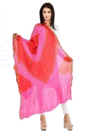 Rani Pink and Red Bandhani Print Art Silk Dupatta