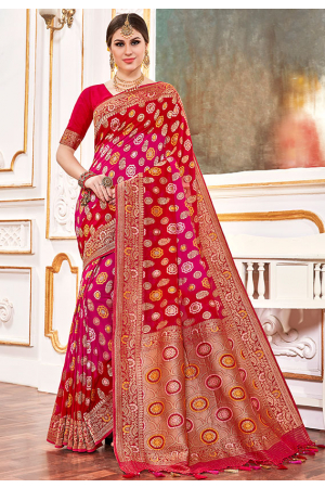 Rani Pink and Red Designer Pure Viscose Saree