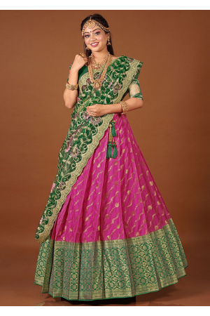 Rani Pink Banarasi Silk Zari Weaving Lehenga Choli Set