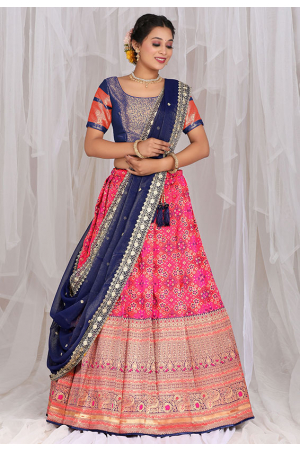 Rani Pink Banarasi Silk Zari Woven Lehenga Choli Set