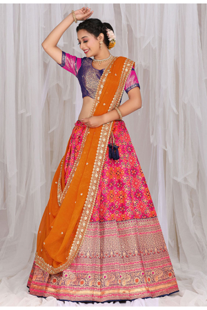 Rani Pink Banarasi Silk Zari Woven Lehenga Choli Set