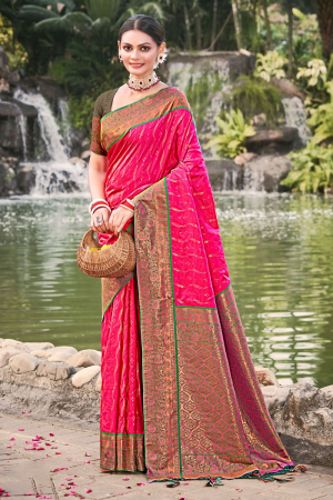 Rani Pink Banarasi Silk Zari Woven Saree