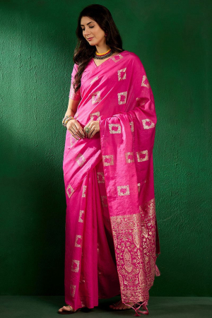 Rani Pink Cotton Woven Party Wear Saree