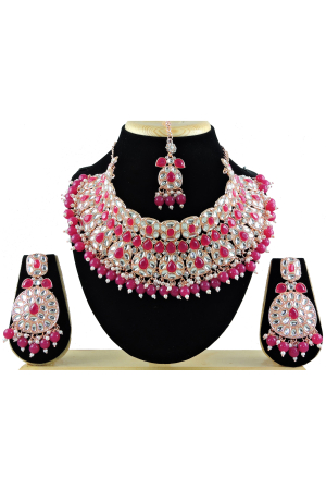 Rani Pink Designer Necklace Set with Maang Tikka