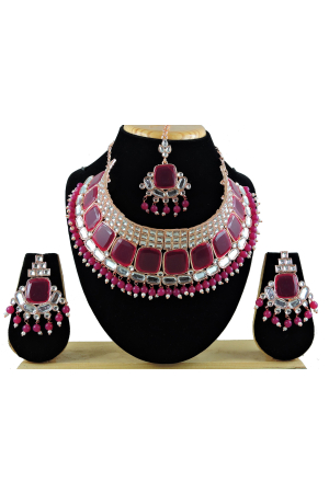 Rani Pink Designer Necklace Set with Maang Tikka