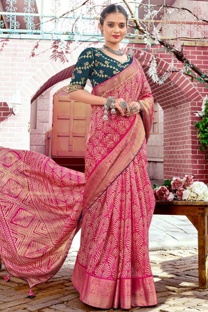 Rani Pink Dola Jacquard Saree with Embroidered Blouse