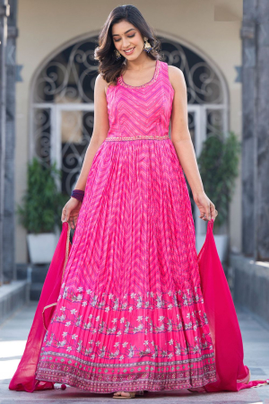 Rani Pink Dola Silk Flared Anarkali Gown with Dupatta
