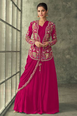 Rani Pink Drape Style Gown with Embroidered Jacket