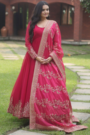 Rani Pink Embroidered Anarkali Gown with Dupatta