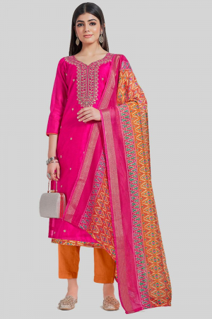 Rani Pink Embroidered Chanderi Silk Pant Kameez