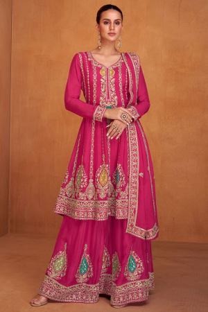 Rani Pink Embroidered Chinnon Palazzo Kameez for Ceremonial