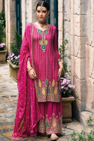 Rani Pink Embroidered Chinnon Palazzo Kameez for Festival