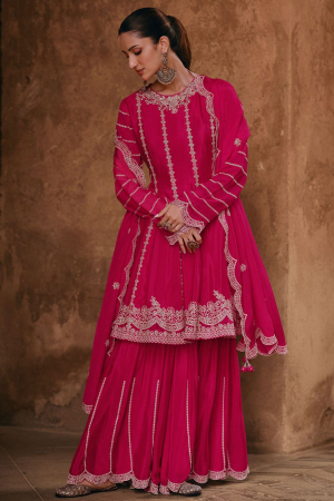 Rani Pink Embroidered Chinnon Silk Designer Sarara Kameez