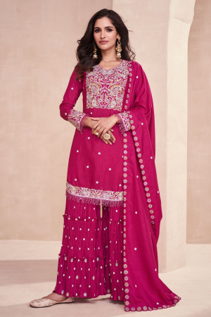Rani Pink Embroidered Dola Silk Designer Sarara Kameez