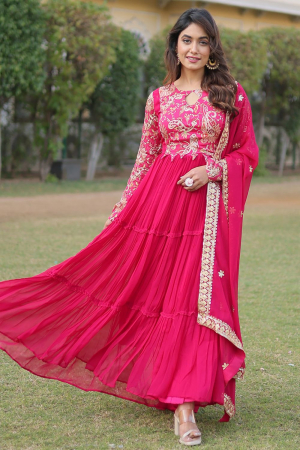 Rani Pink Embroidered Faux Georgette Anarkali Gown with Dupatta