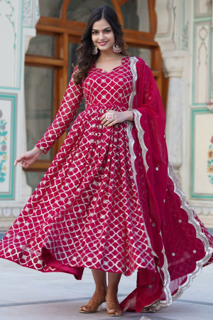 Rani Pink Embroidered Faux Georgette Gown with Dupatta