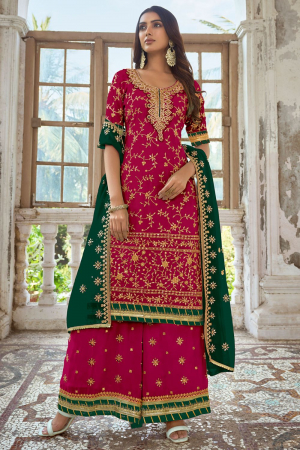 Rani Pink Embroidered Faux Georgette Palazzo Kameez