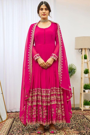 Rani Pink Embroidered Georgette Anarkali Gown with Dupatta
