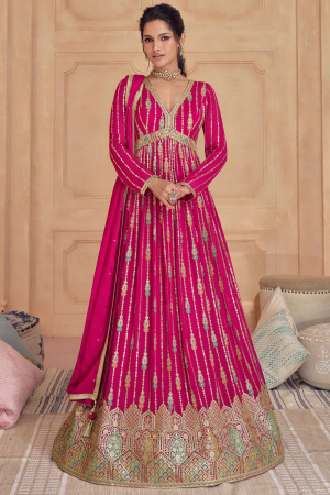 Rani Pink Embroidered Georgette Floor Length Anarkali Dress