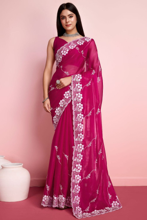 Rani Pink Embroidered Party Wear Saree