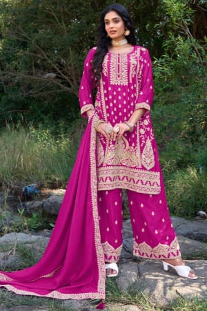 Rani Pink Embroidered Pure Chinnon Readymade Palazzo Suit