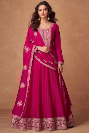 Rani Pink Embroidered Silk Anarkali Gown with Dupatta