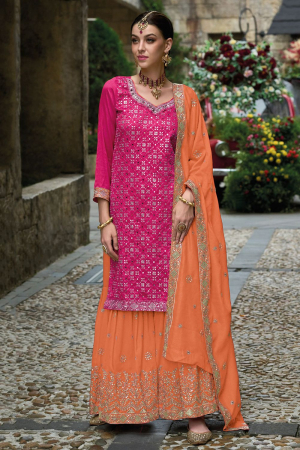 Rani Pink Embroidered Silk Designer Sarara Kameez