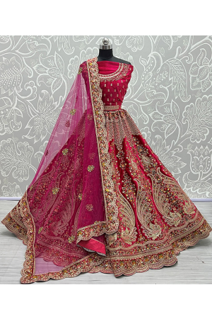 Rani Pink Embroidered Velvet Bridal Lehenga Choli