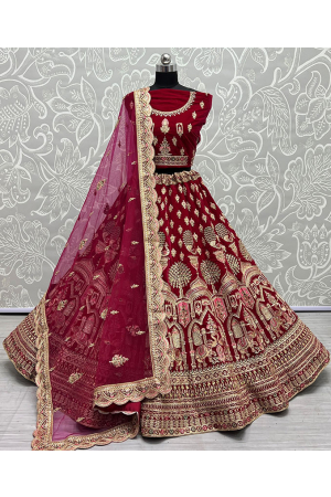 Rani Pink Embroidered Velvet Bridal Lehenga Choli