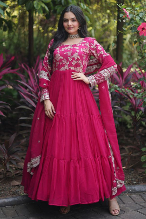 Rani Pink Flared Faux Georgette Gown with Dupatta