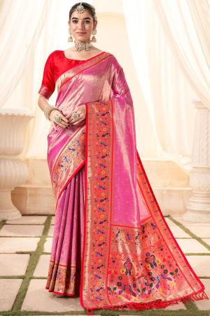 Rani Pink Handloom Paithani Tissue Silk Saree