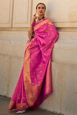 Rani Pink Handloom Spun Silk Woven Saree
