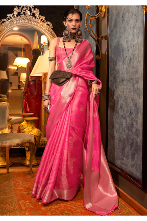 Rani Pink Handloom Weaving Organza Saree