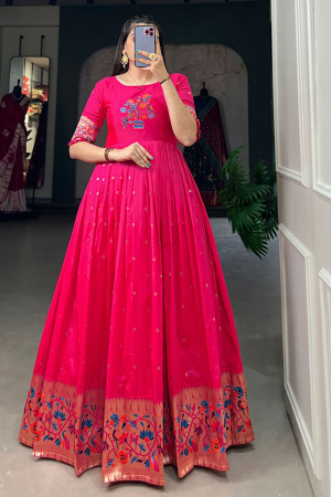 Rani Pink Jacquard Silk Anarkali Gown