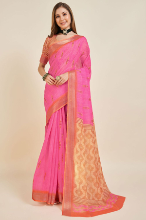 Rani Pink Linen Printed Saree
