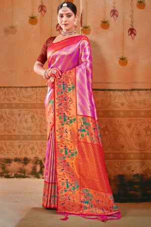 Rani Pink Paithani Silk Zari Woven Saree