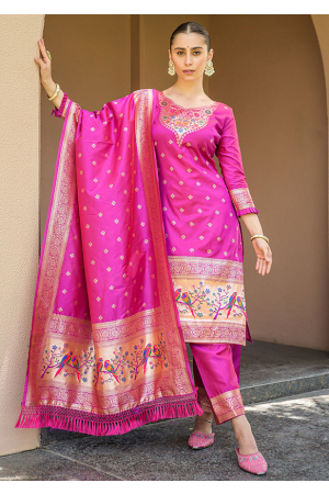Rani Pink Paithani Zari Woven Banarasi Silk Pant Kameez