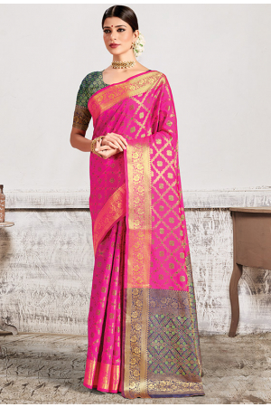 Rani Pink Patola Silk Saree with Contrast Blouse