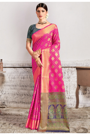 Rani Pink Patola Silk Saree with Contrast Blouse