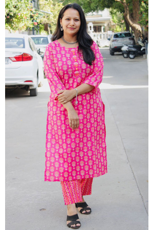 Rani Pink Printed Cotton Kurti with Pant