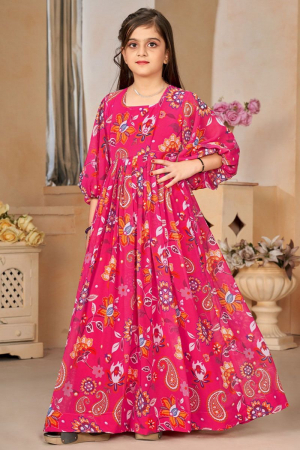 Rani Pink Printed Georgette Girls Gown