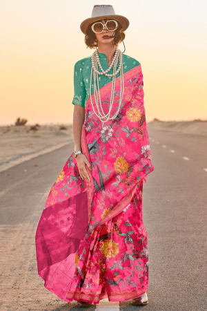 Rani Pink Printed Tussar Silk Saree