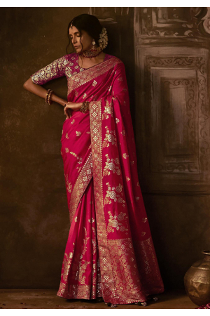 Rani Pink Pure Dola Silk Woven Saree