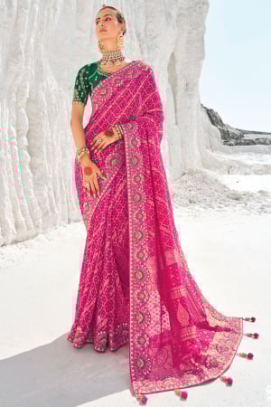 Rani Pink Pure Georgette Bandhani Patola Saree with Double Blouse